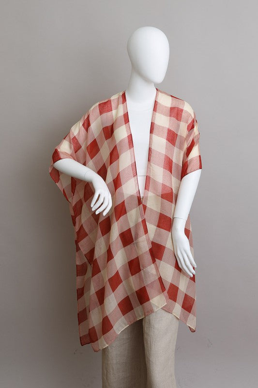 Lightweight Buffalo Check Kimono for Women Knee-Length Half Sleeve