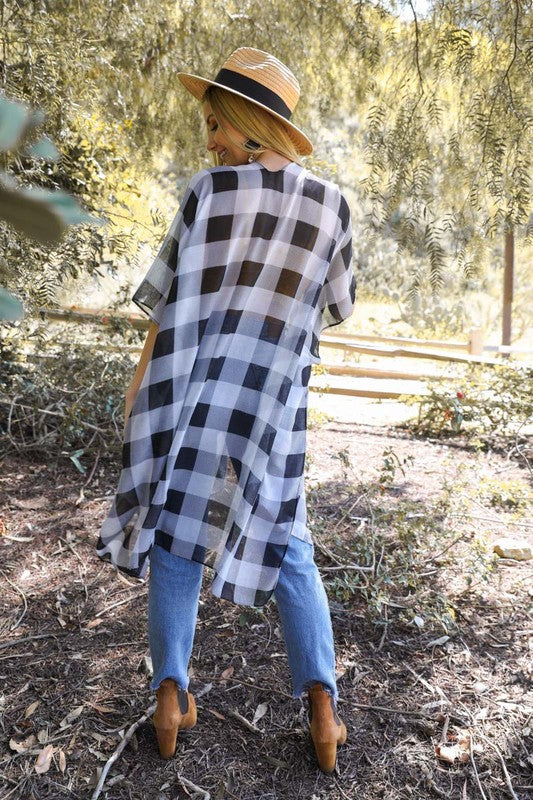 Lightweight Buffalo Check Kimono for Women Knee-Length Half Sleeve