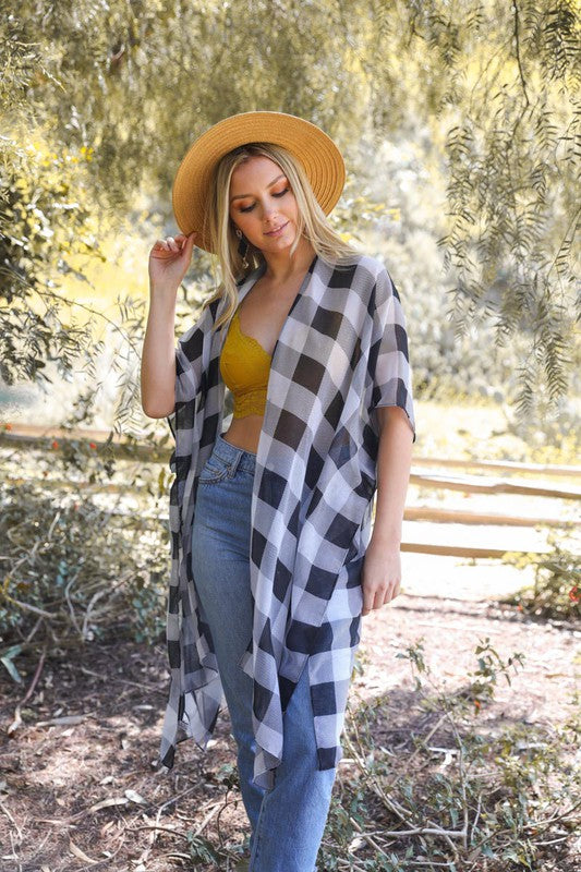 Lightweight Buffalo Check Kimono for Women Knee-Length Half Sleeve