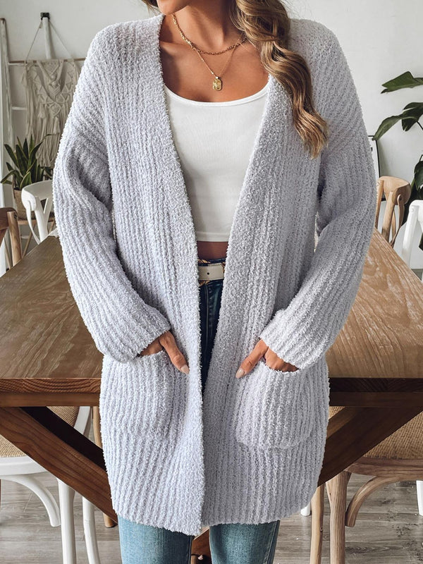 Open Front Long Sleeve Cardigan with Pockets and Moderate Stretch