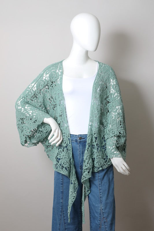 Cotton Crochet Floral Petal Kimono Wrap Oversized 3/4 Sleeve Tie Front