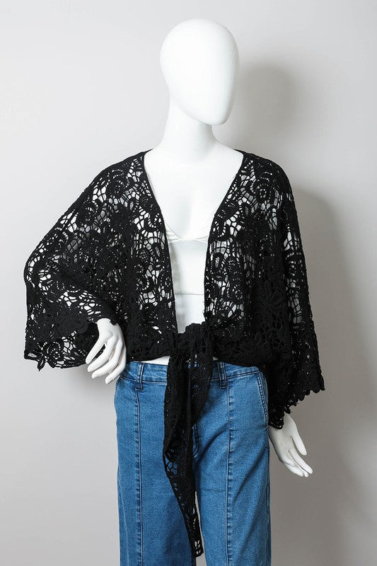 Cotton Crochet Floral Petal Kimono Wrap Oversized 3/4 Sleeve Tie Front