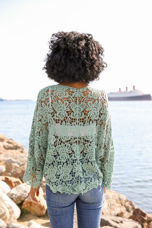 Cotton Crochet Floral Petal Kimono Wrap Oversized 3/4 Sleeve Tie Front