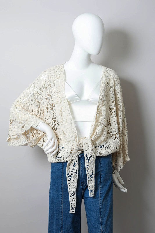 Cotton Crochet Floral Petal Kimono Wrap Oversized 3/4 Sleeve Tie Front