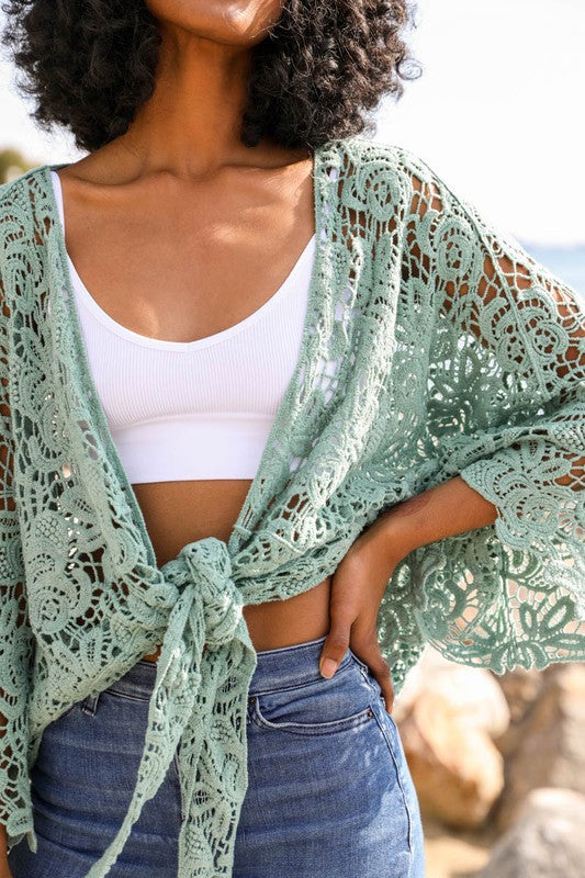 Cotton Crochet Floral Petal Kimono Wrap Oversized 3/4 Sleeve Tie Front