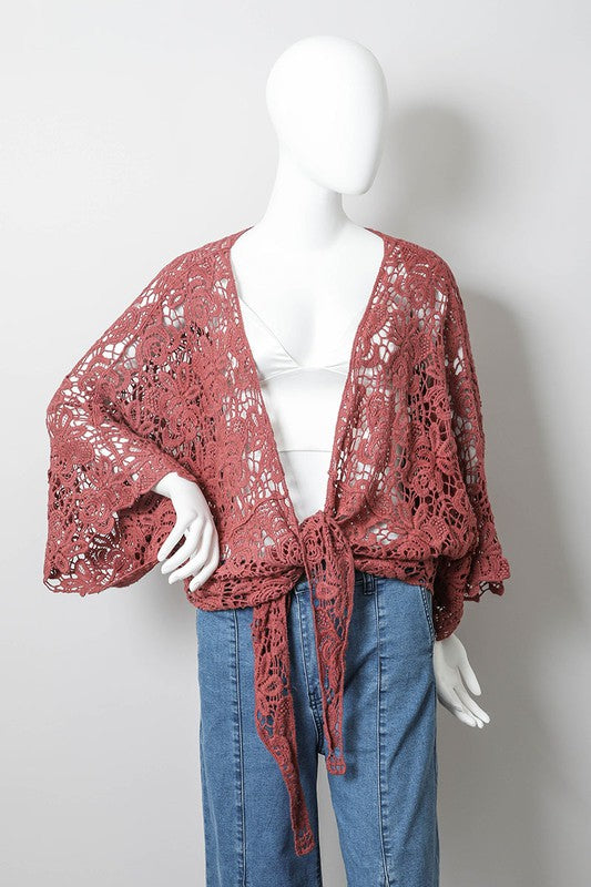 Cotton Crochet Floral Petal Kimono Wrap Oversized 3/4 Sleeve Tie Front