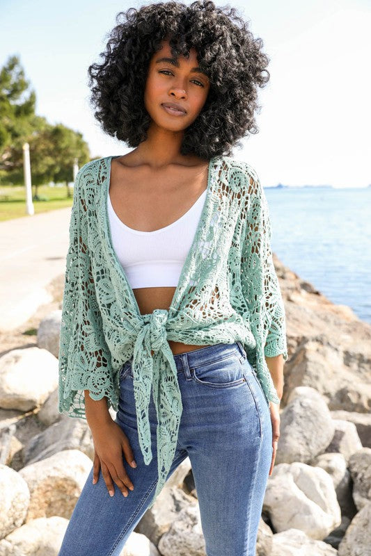 Cotton Crochet Floral Petal Kimono Wrap Oversized 3/4 Sleeve Tie Front