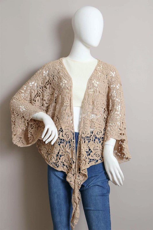 Cotton Crochet Floral Petal Kimono Wrap Oversized 3/4 Sleeve Tie Front