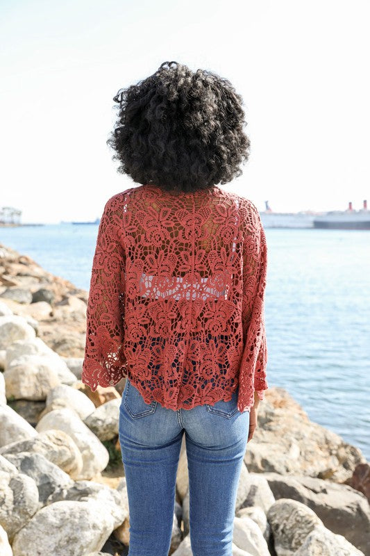Cotton Crochet Floral Petal Kimono Wrap Oversized 3/4 Sleeve Tie Front