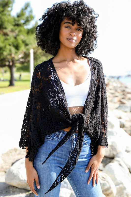 Cotton Crochet Floral Petal Kimono Wrap Oversized 3/4 Sleeve Tie Front