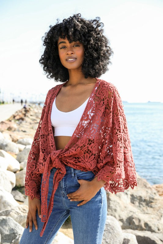 Cotton Crochet Floral Petal Kimono Wrap Oversized 3/4 Sleeve Tie Front