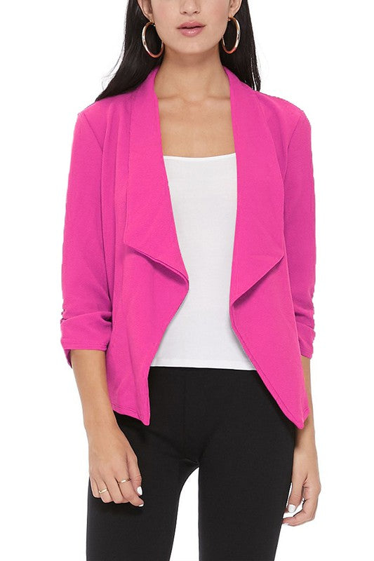Casual Solid Waist-Length Blazer with Elegant Ruched 3/4 Sleeves for Effortless Style