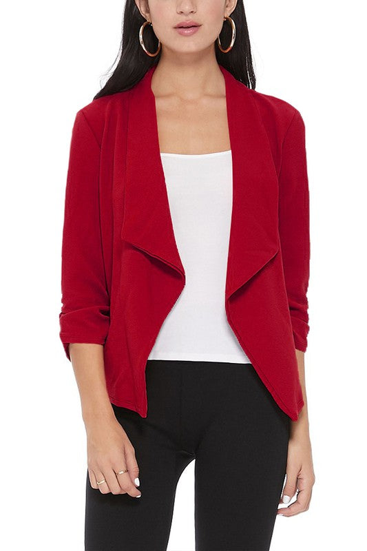 Casual Solid Waist-Length Blazer with Elegant Ruched 3/4 Sleeves for Effortless Style