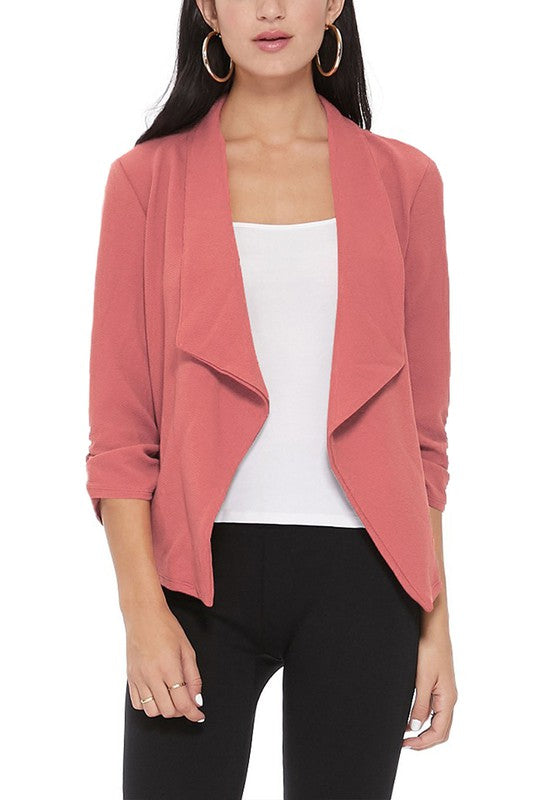 Casual Solid Waist-Length Blazer with Elegant Ruched 3/4 Sleeves for Effortless Style