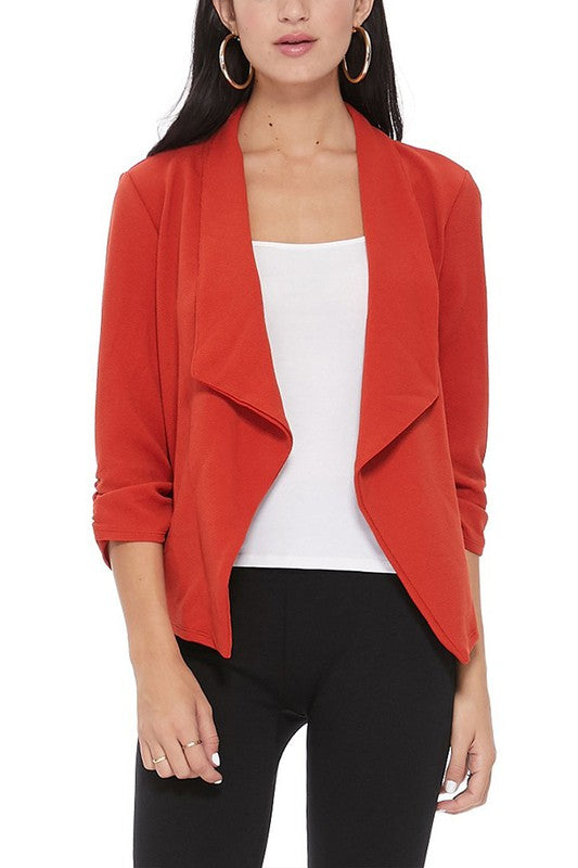 Casual Solid Waist-Length Blazer with Elegant Ruched 3/4 Sleeves for Effortless Style