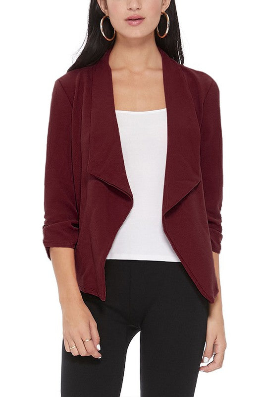 Casual Solid Waist-Length Blazer with Elegant Ruched 3/4 Sleeves for Effortless Style