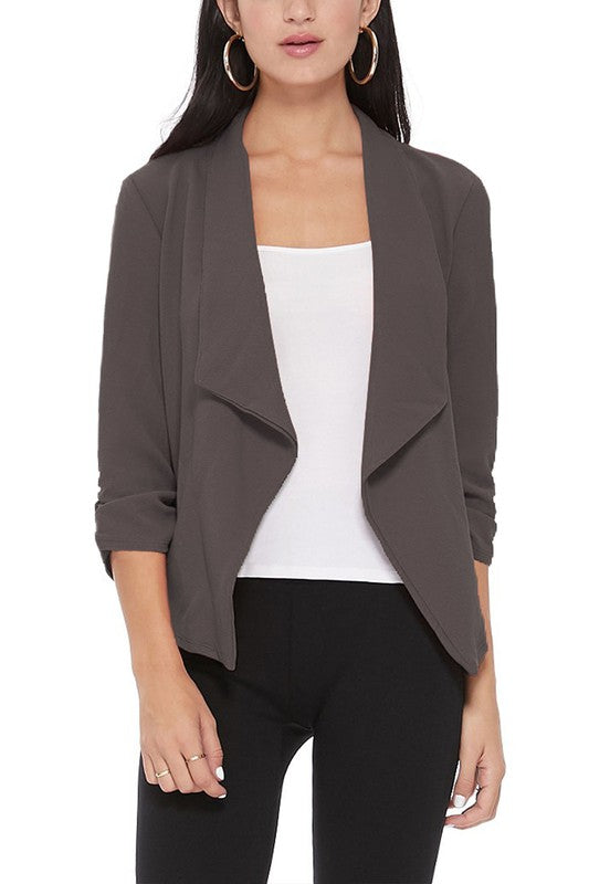 Casual Solid Waist-Length Blazer with Elegant Ruched 3/4 Sleeves for Effortless Style