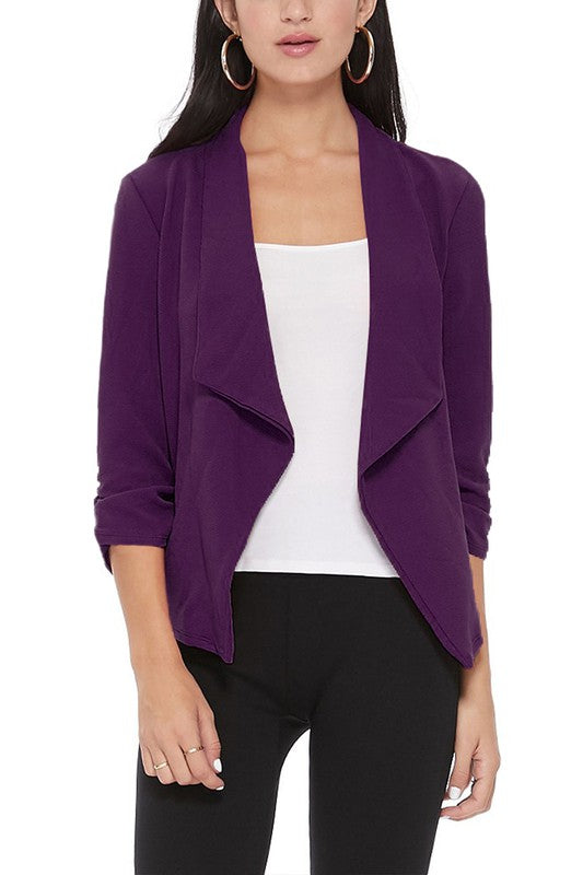 Casual Solid Waist-Length Blazer with Elegant Ruched 3/4 Sleeves for Effortless Style