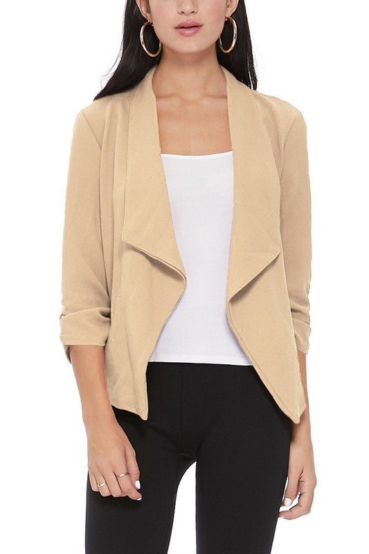 Casual Solid Waist-Length Blazer with Elegant Ruched 3/4 Sleeves for Effortless Style