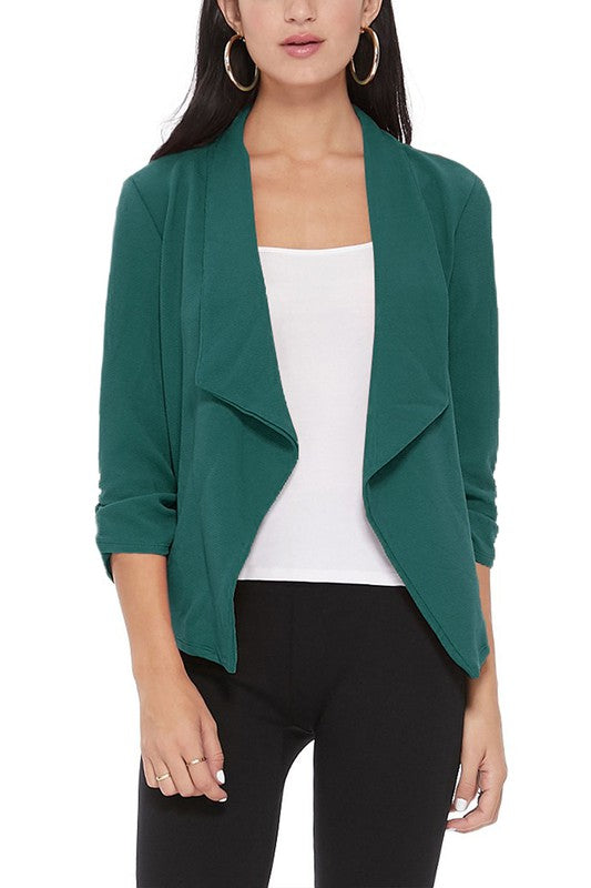 Casual Solid Waist-Length Blazer with Elegant Ruched 3/4 Sleeves for Effortless Style