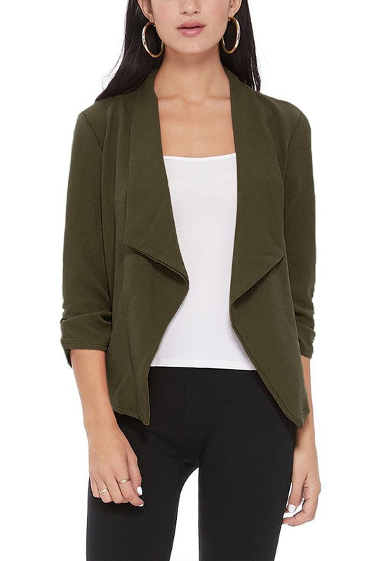 Casual Solid Waist-Length Blazer with Elegant Ruched 3/4 Sleeves for Effortless Style