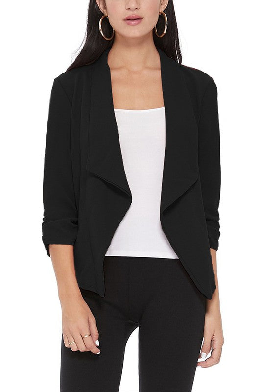 Casual Solid Waist-Length Blazer with Elegant Ruched 3/4 Sleeves for Effortless Style