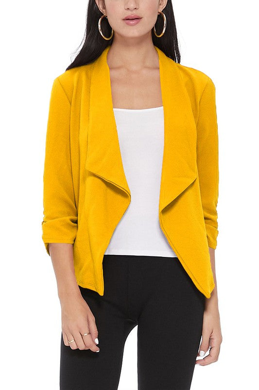 Casual Solid Waist-Length Blazer with Elegant Ruched 3/4 Sleeves for Effortless Style