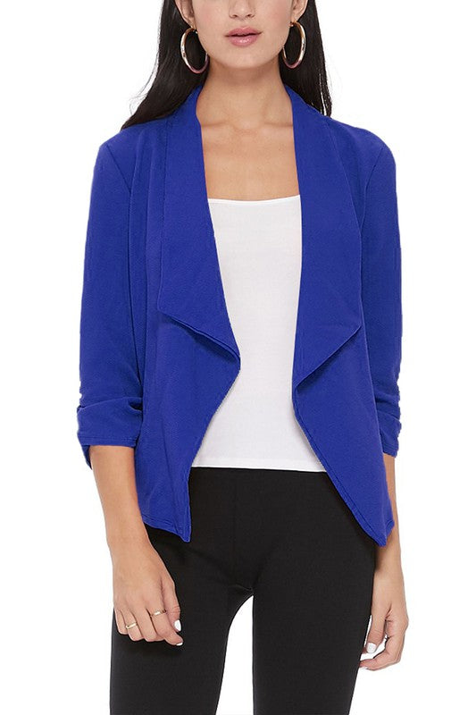 Casual Solid Waist-Length Blazer with Elegant Ruched 3/4 Sleeves for Effortless Style