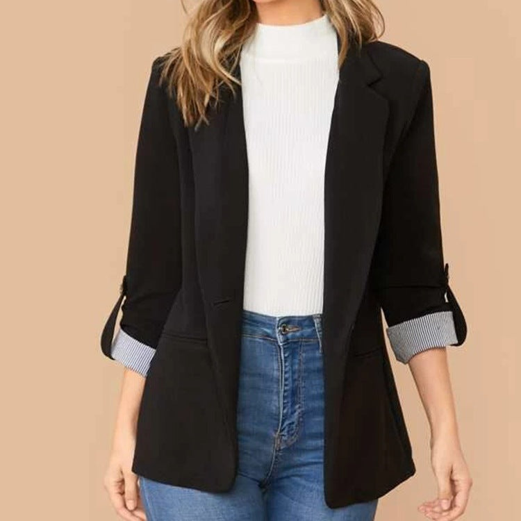 Lapel Collar Roll-Tab Sleeve Blazer Women's Comfortable Polyester-Spandex, S-XL