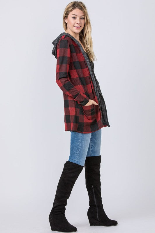 Buffalo Plaid Hooded Cardigan for Women in Polyester Spandex Blend