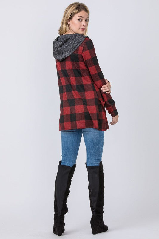 Buffalo Plaid Hooded Cardigan for Women in Polyester Spandex Blend