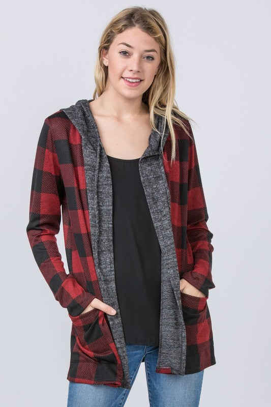 Buffalo Plaid Hooded Cardigan for Women in Polyester Spandex Blend
