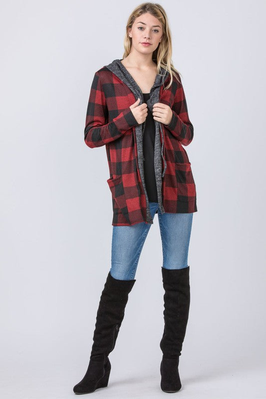 Buffalo Plaid Hooded Cardigan for Women in Polyester Spandex Blend