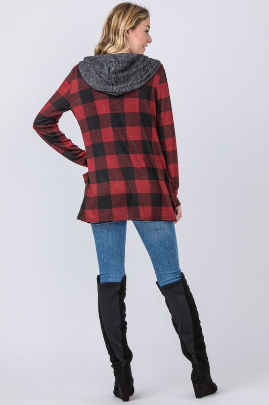 Buffalo Plaid Hooded Cardigan for Women in Polyester Spandex Blend