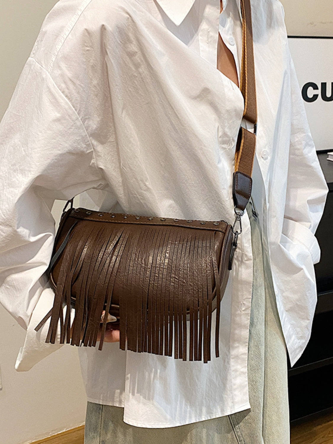 Vegan Leather Fringe Studded Crossbody Bag - Turn heads with this chic bag!