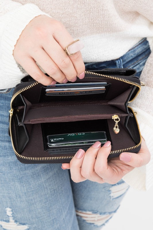 Crossbody Convertible Wallet Vegan Leather 6 Card Slots Zipper Coin Pocket Phone Pocket Removable Strap Hands-Free