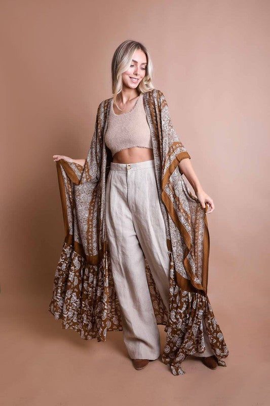 Maxi Paisley Print Kimono Oversized Fit Mid Sleeve Non-Stretch Viscose