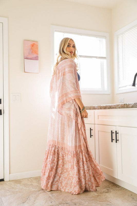 Maxi Paisley Print Kimono Oversized Fit Mid Sleeve Non-Stretch Viscose