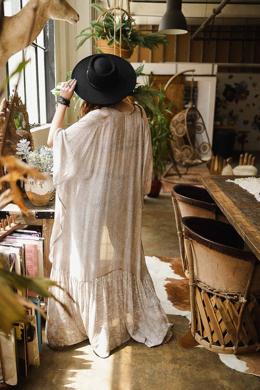 Maxi Paisley Print Kimono Oversized Fit Mid Sleeve Non-Stretch Viscose