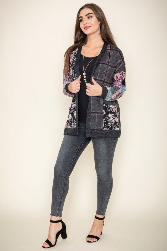 Plaid Open Front Cardigan Women Rayon Spandex Medium Weight Layering