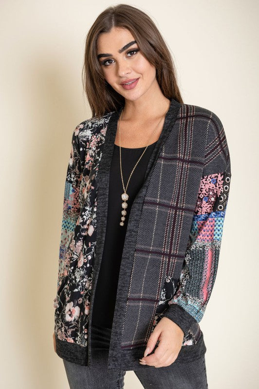 Plaid Open Front Cardigan Women Rayon Spandex Medium Weight Layering