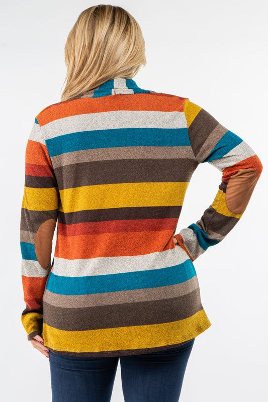 Striped Elbow Patch Cardigan Relaxed Fit Lightweight Polyester Blend