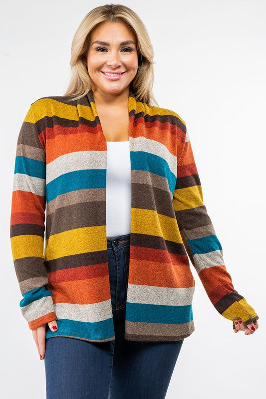 Striped Elbow Patch Cardigan Relaxed Fit Lightweight Polyester Blend