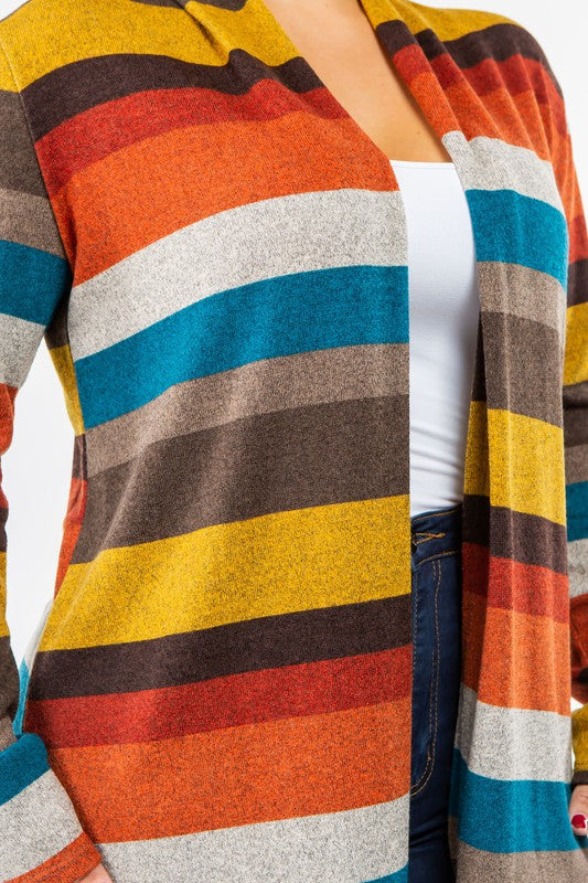 Striped Elbow Patch Cardigan Relaxed Fit Lightweight Polyester Blend