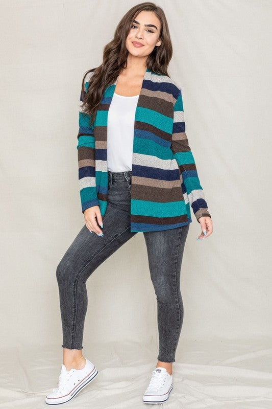 Striped Elbow Patch Cardigan Relaxed Fit Lightweight Polyester Blend