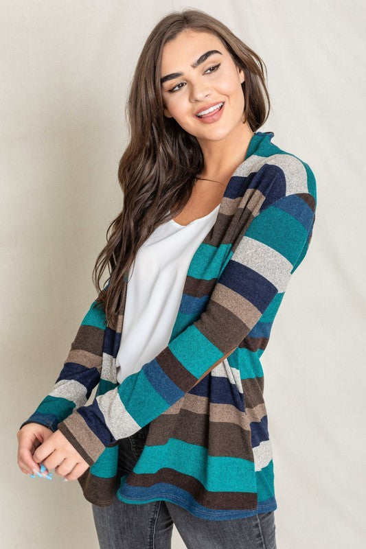 Striped Elbow Patch Cardigan Relaxed Fit Lightweight Polyester Blend