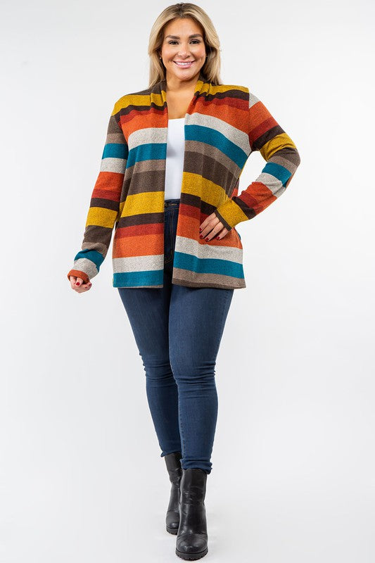 Striped Elbow Patch Cardigan Relaxed Fit Lightweight Polyester Blend