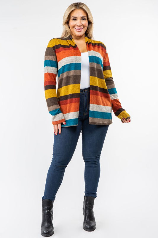 Striped Elbow Patch Cardigan Relaxed Fit Lightweight Polyester Blend
