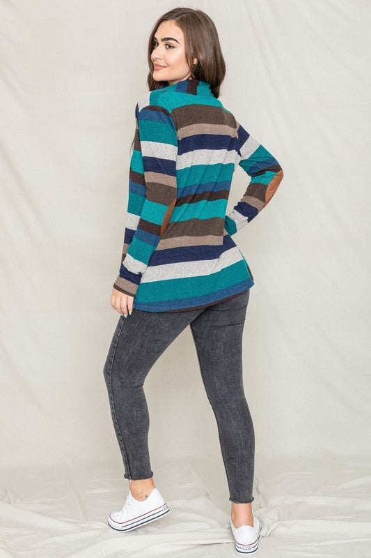 Striped Elbow Patch Cardigan Relaxed Fit Lightweight Polyester Blend