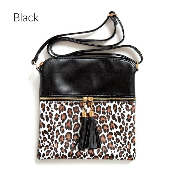 Miley Leopard Crossbody Handbag Vegan Leather Zipper Closure Adjustable Strap Inside Pocket 9x9 Inches